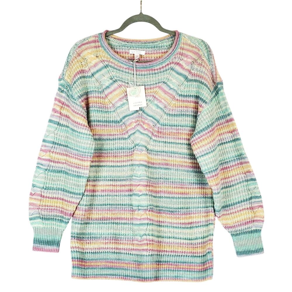 Lauren Rainbow Cable Crochet Knit Sweater M Oversized Tunic Spring Easter NWT